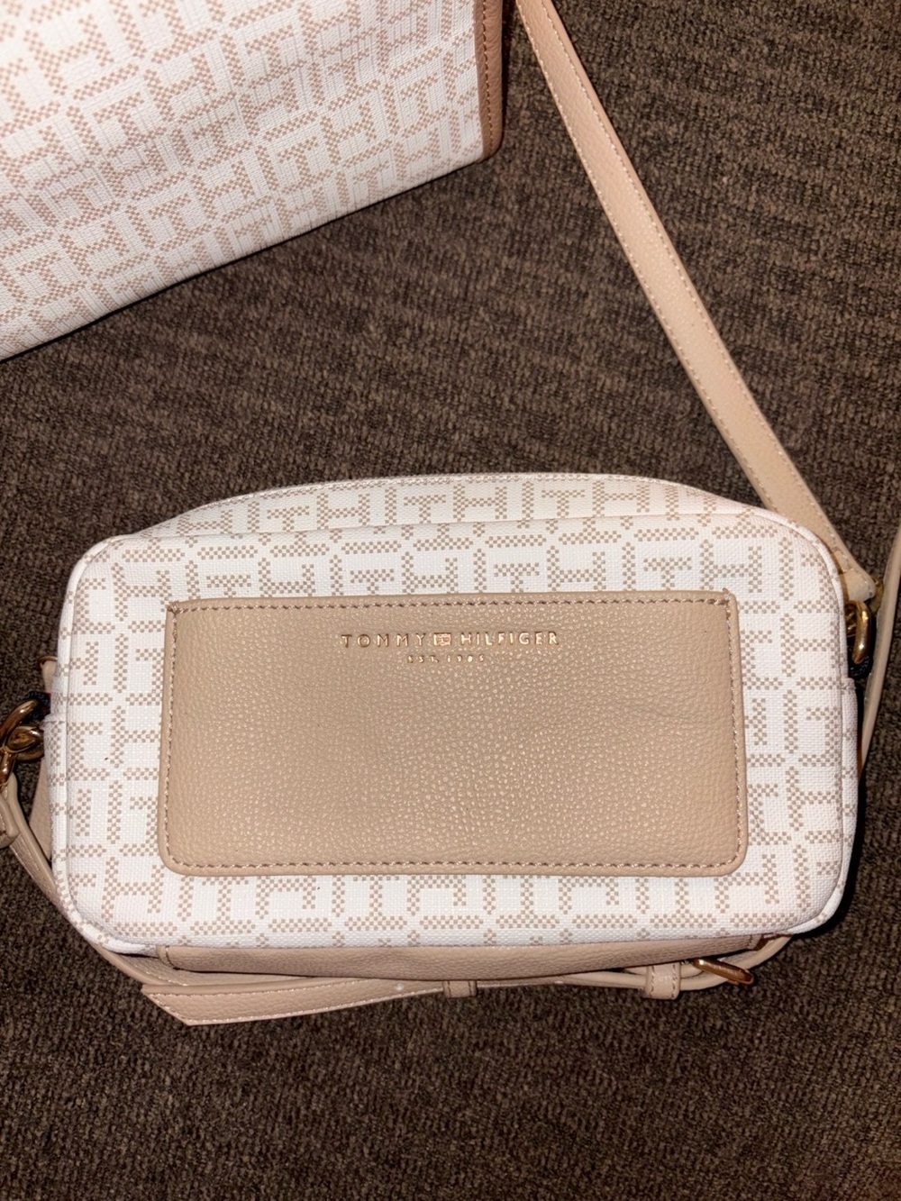 Tommy Hilfiger Cream and Beige Monogram Crossbody Bag